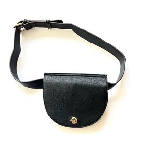 Black Leather Belt Bag with Gold Button